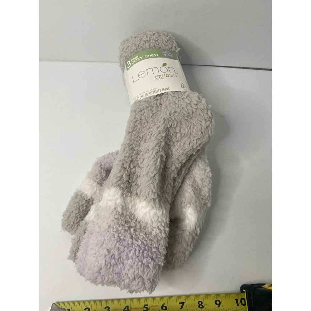 Lemon Loves Earth Socks Purple Gray 5-9.5 Warm Cozy Crew Fuzzy‎ 3 Pairs